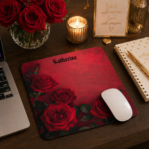 Tapis De Souris Roses Rouges Gothiques Élégantes Nom Personnalisé