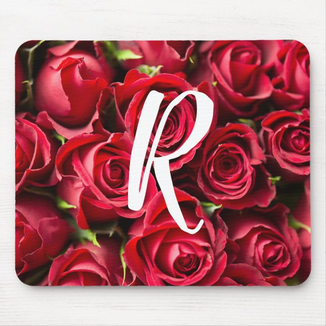 Tapis de souris roses rouges monogrammées (Devant)