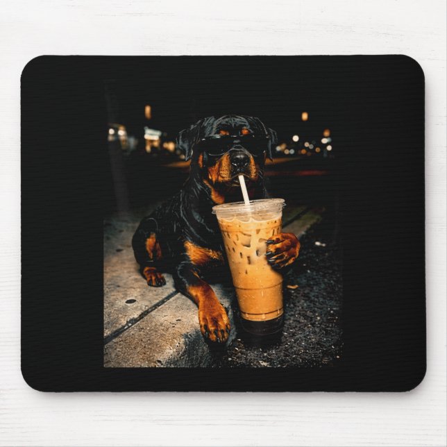 Tapis De Souris Rottweiler cool buvant un café glacé, drôle d'art  (Devant)