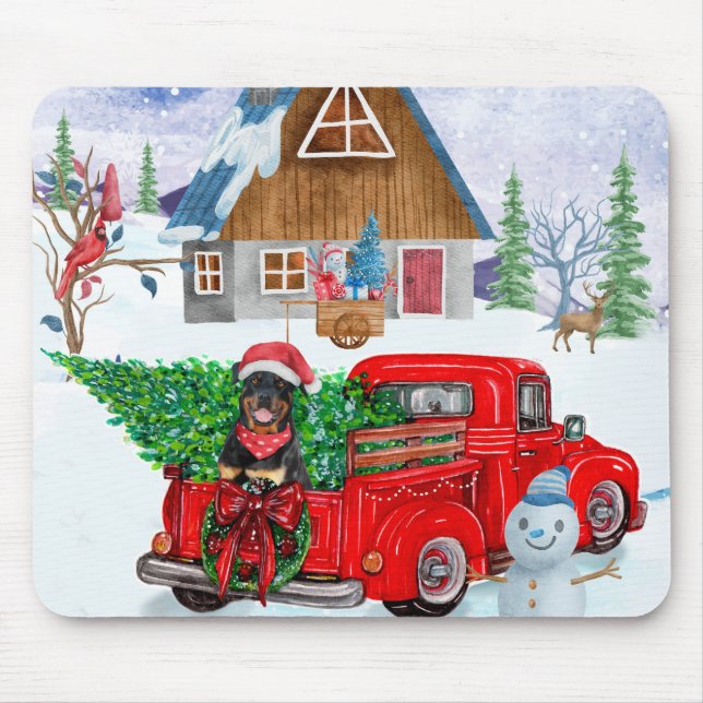 Tapis De Souris Rottweiler Dog In Christmas Delivery Truck Snow (Devant)