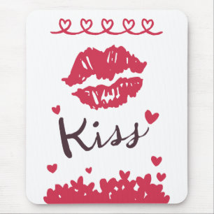 Tapis De Souris Rouge à lèvres Love Kiss Lips Avec coeurs