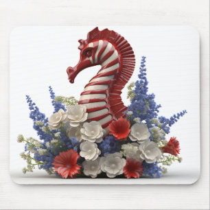 TAPIS DE SOURIS ROUGE BLANC BLEU PATRIOTIQUE HORSE DE MER ET FLEUR
