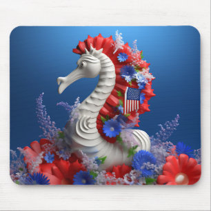 TAPIS DE SOURIS ROUGE BLANC BLEU PATRIOTIQUE HORSE DE MER ET FLEUR