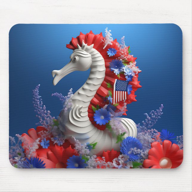 TAPIS DE SOURIS ROUGE BLANC BLEU PATRIOTIQUE HORSE DE MER ET FLEUR (Devant)