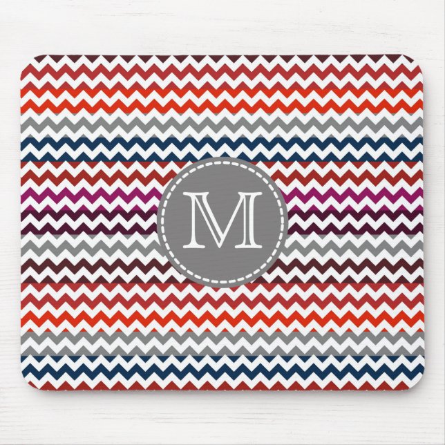 Tapis De Souris Rouge blanc gris Chevron Zigzag Monogramme #2 (Devant)