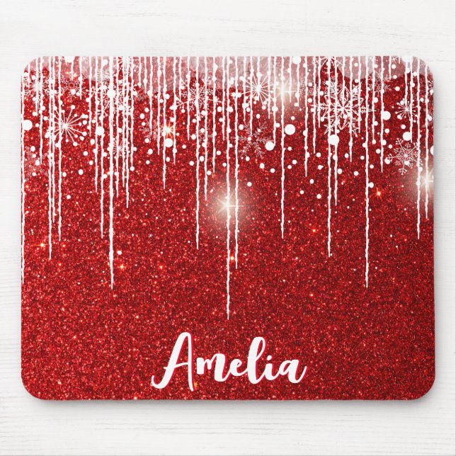 Tapis De Souris Rouge Blanc Snowflake Votre nom (Devant)