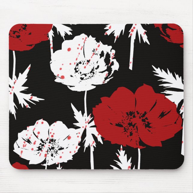 Tapis De Souris Rouge, fleurs blanches sur noir. (Devant)