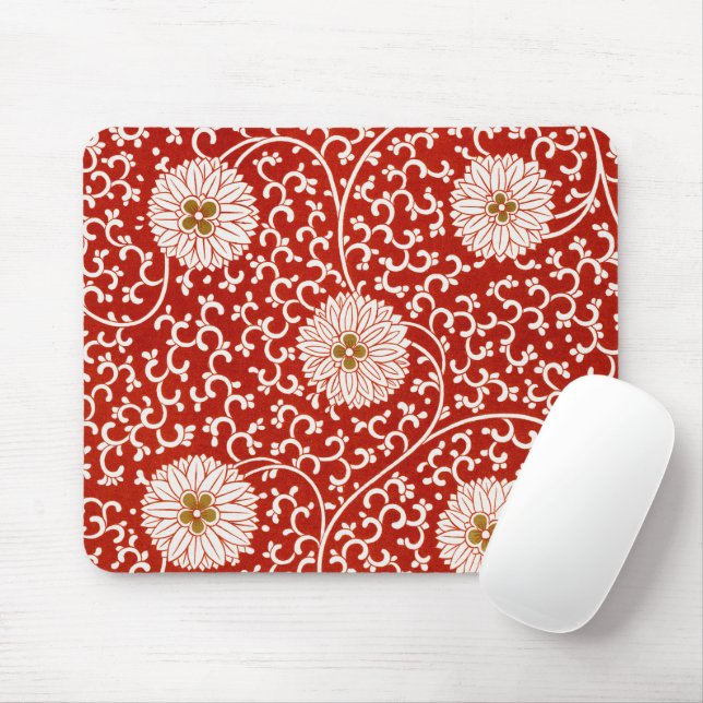 Tapis De Souris Rouge Floral Vibrant Ornate Classé Motif (Avec souris)