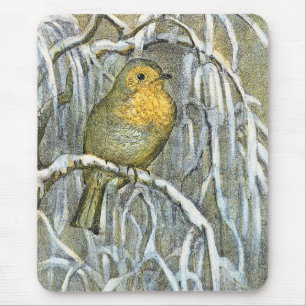Tapis De Souris Rouge-gorge vintage sur une branche enneigée