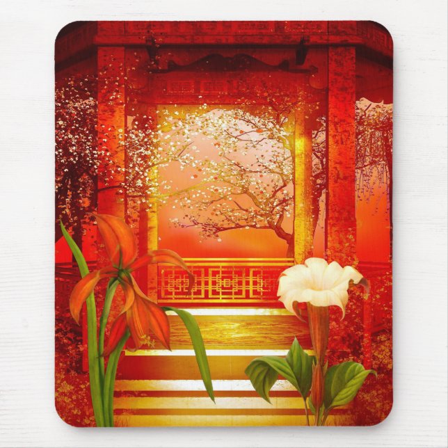 Tapis de souris rouge jaune doré floral (Devant)