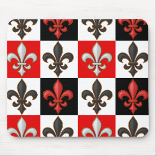 Tapis De Souris Rouge Noir Blanc À damiers Fleur de lis Design