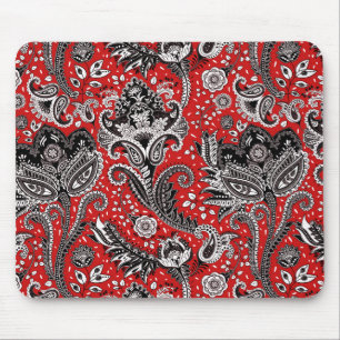 Tapis De Souris Rouge Noir & Blanc Floral Paisley Bohème Boho