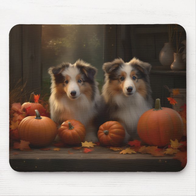 Tapis De Souris Rough Collie Puppy Automne Citrouille de plaisir (Devant)