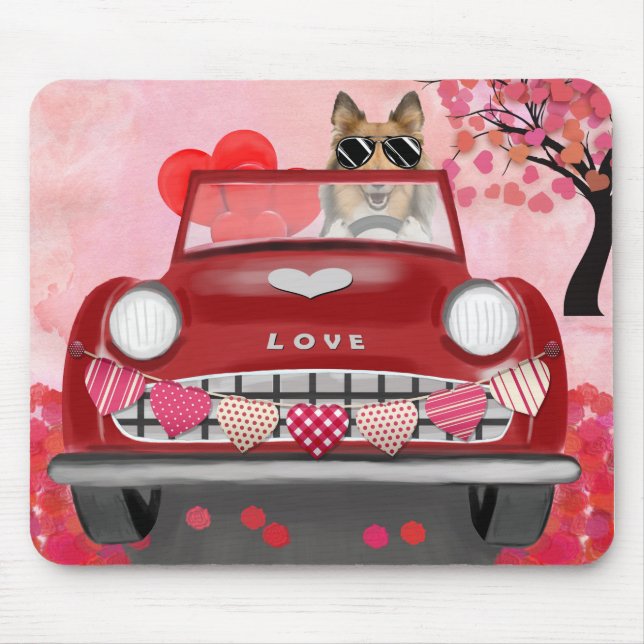 Tapis De Souris Rough Collie voiture chien avec les coeurs Valenti (Devant)