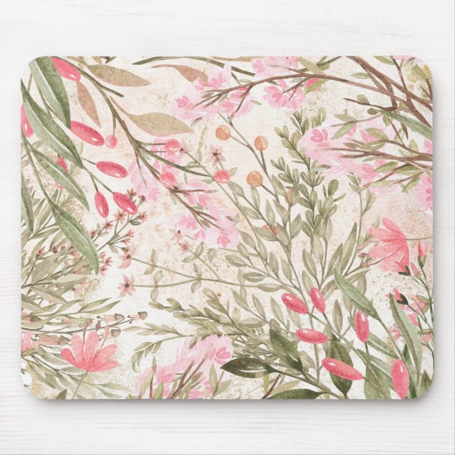 Tapis De Souris Rougissent l'aquarelle de corail rose de vert (Devant)