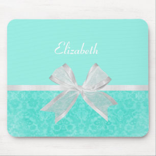 Tapis De Souris Ruban blanc d'Aqua de damassé Girly de turquoise