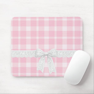 Tapis De Souris Ruban blanc et nœud sur carreaux roses