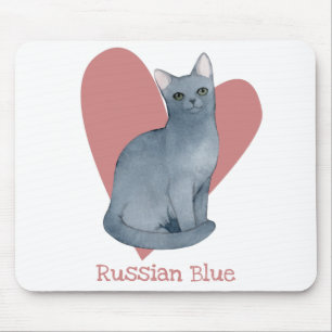 Tapis De Souris Russe Bleu Chat Aquarelle Kitty Coeur rose