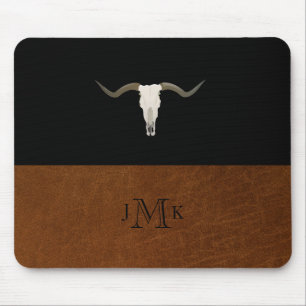 Tapis De Souris Rustic Black & Brown Leather Image Antler Monogram