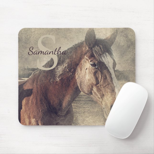 Tapis De Souris Rustic Country Quartier Cheval Monogramme Nom init (Avec souris)