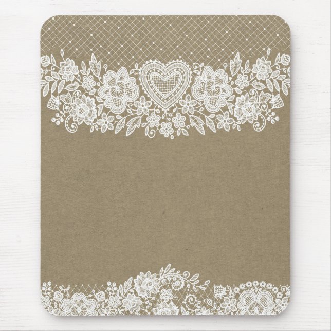 Tapis De Souris Rustic Kraft & White Lace Chic de ferme campagnard (Devant)