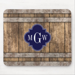Tapis De Souris Rustic Wood Metal Band Navy Quatrefoil 3 monogram