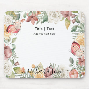 Tapis De Souris Rustique Botanique Floral Rose rose papillon perso