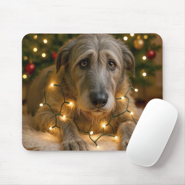 Tapis De Souris Sad Irish Wolfhound Tangled In Holiday Lights (Avec souris)
