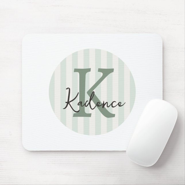 Tapis De Souris Sage Green Charcoal Custom Striped Circle Monogram (Avec souris)