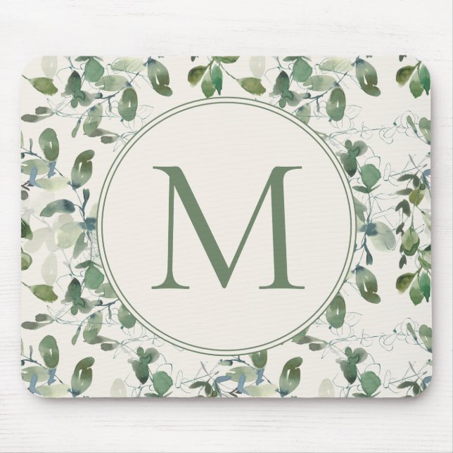 Tapis De Souris Sage Green Eucalyptus Feuille crème Monogramme (Devant)