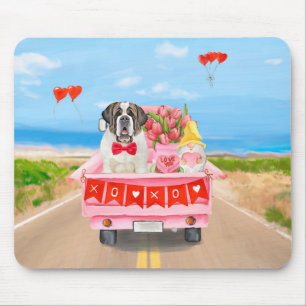 Tapis De Souris Saint Bernard Dog Valentine's Day Truck Hearts