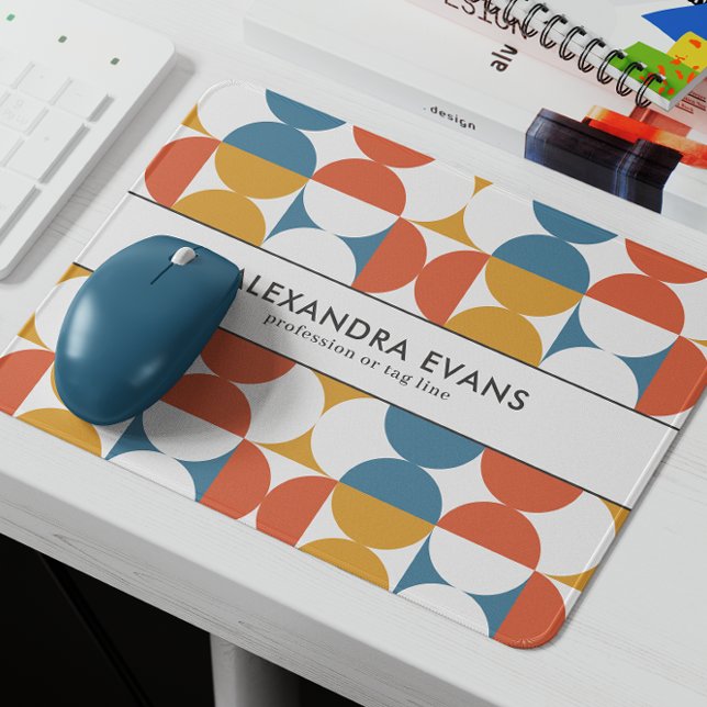 Tapis De Souris Saint-Jacques demi-cercle rétro bleu orange jaune (Customizable Mouse Pad with Name and Profession with vintage retro geometric pattern in blue orange )