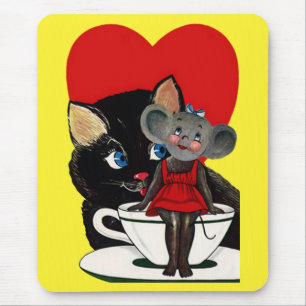 Tapis De Souris Saint-Valentin vintage, tasse de thé coeur chat so