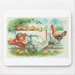 Tapis De Souris Salutations de Pâques Hen Chicks & Girl Vintage