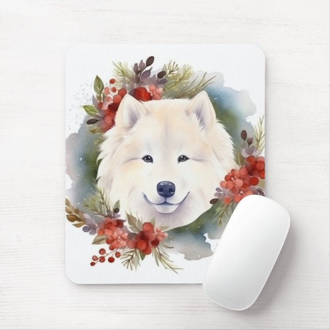 Tapis De Souris Samoyed Christmas Wreath Festive Pup (Avec souris)