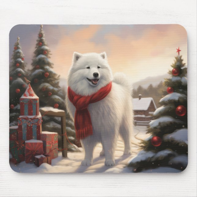 Tapis De Souris Samoyède dans la neige de Noël  (Devant)