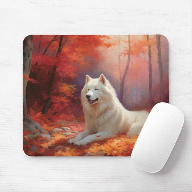 Tapis De Souris Samoyède dans les feuilles d'automne tombées inspi (Avec souris)