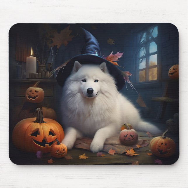 Tapis De Souris Samoyèdes Citrouilles Halloween Épouvantable (Devant)