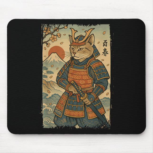 Tapis De Souris Samurai Chat Warrior Japonais Ukiyo-e Artwork Chat (Devant)