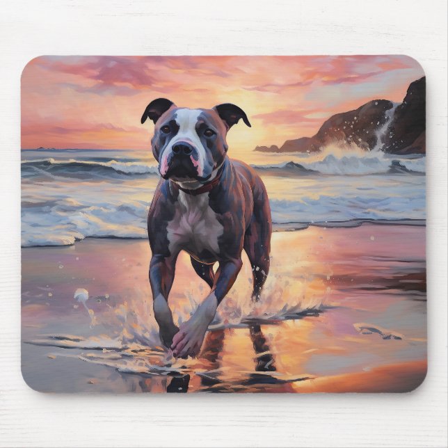 Tapis De Souris Sandy American Staffordshire Dog on Beach Sunset (Devant)