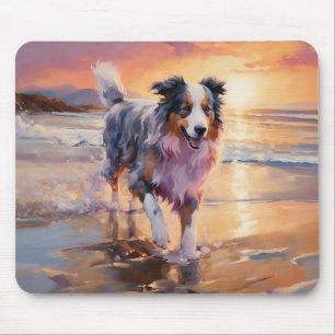 Tapis De Souris Sandy Australian Shepherd Dog on Beach Sunset