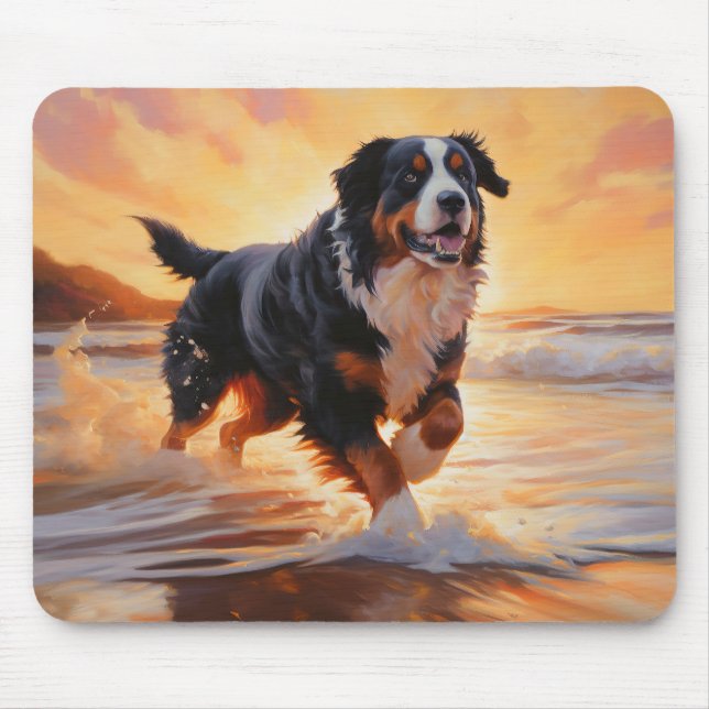 Tapis De Souris Sandy Paws Bernese Mountain Dog on Beach Sunset (Devant)