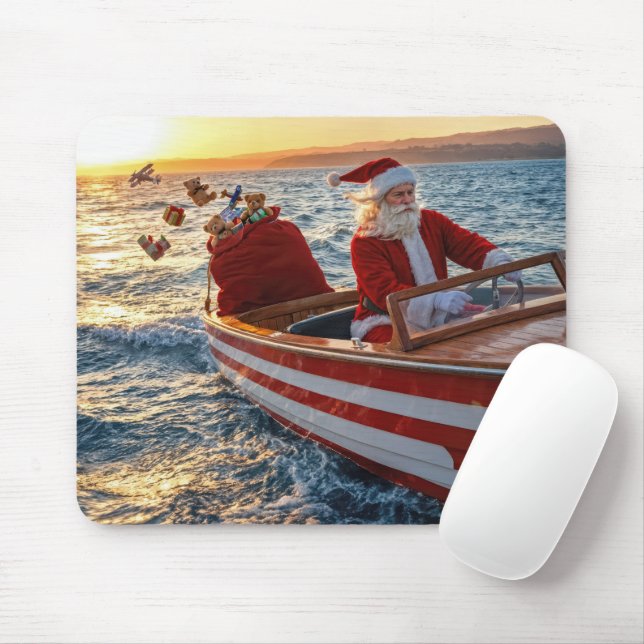 Tapis De Souris Santa Claus Driving a Speedboat (Avec souris)