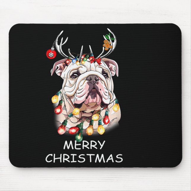 Tapis De Souris Santa Reindeer English Bulldog Dog Christmas Light (Devant)
