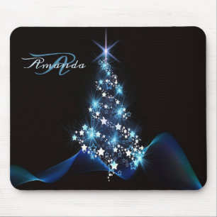 Tapis De Souris Sapin de Noël bleu élégant noir brillant pour fête