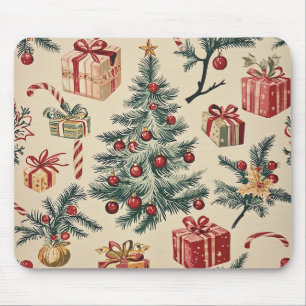 Tapis De Souris Sapin de Noël Rétro Rouge Vert Crème Fêtes