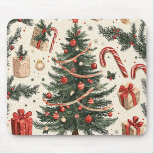 Tapis De Souris Sapin de Noël Vintage Crème Rouge Toile Verte