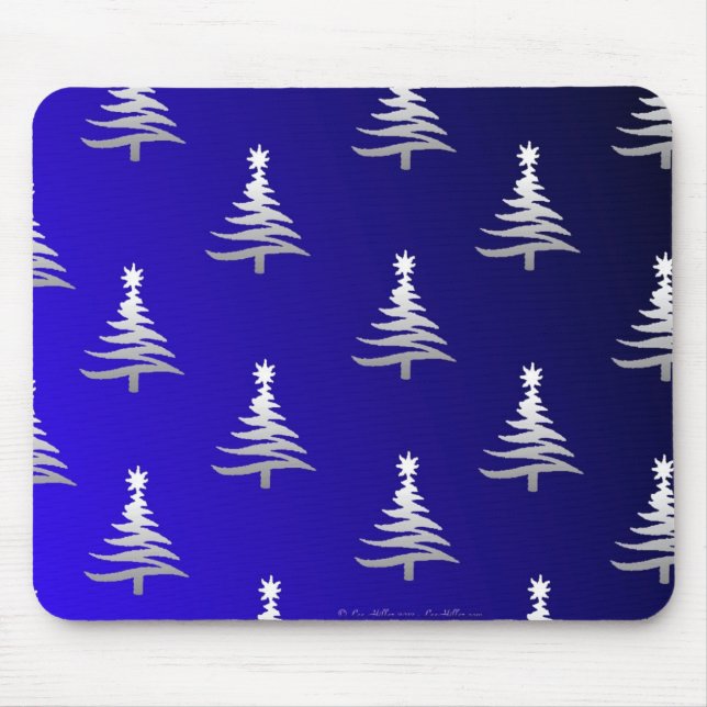 Tapis De Souris Sapins de Noël Argent sur Bleu Cobalt (Devant)
