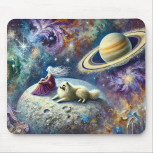 Tapis De Souris Scène cosmique éthérée avec femme, chien et Saturn