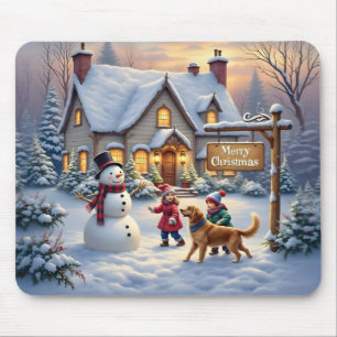 Tapis De Souris Scène d'art de Noël enneigée et cosy